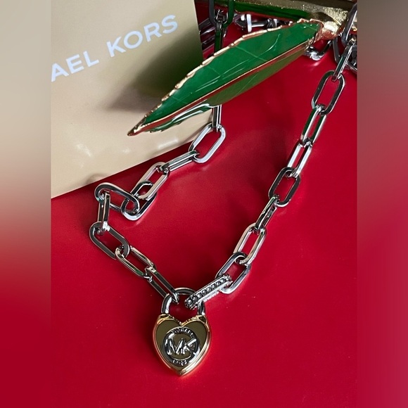 Michael Kors Necklace,Michael Kors Silver Necklace with Gold Heart Charm - Picture 10 of 13